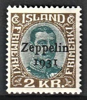 FRIMÆRKER ISLAND | 1931 - AFA 149 - Zeppelin - 2 kr. mørkbrun/blå Chr. X overtryk Zeppelin - Ubrugt